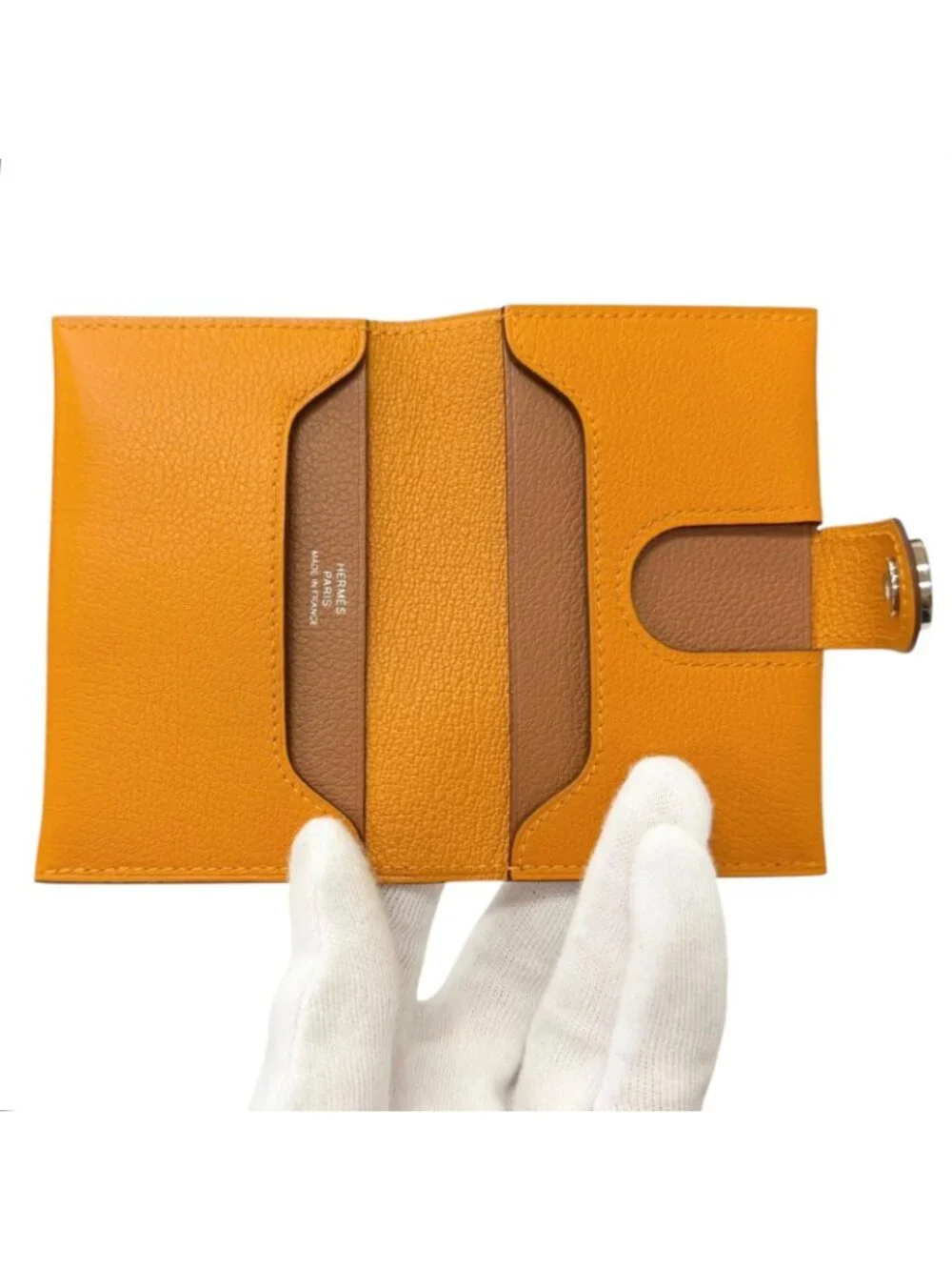 Hermes Ever Color Clou de Selle Leather Card Case Apricot Gold